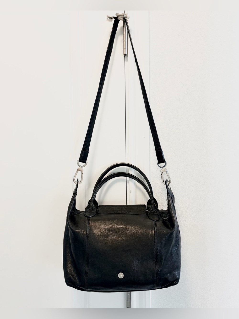 ❤️SOLD❤️ Longchamp Le Pliage Cuir Medium Black Leather Top Handle Crossbody Bag - Picture 15 of 16